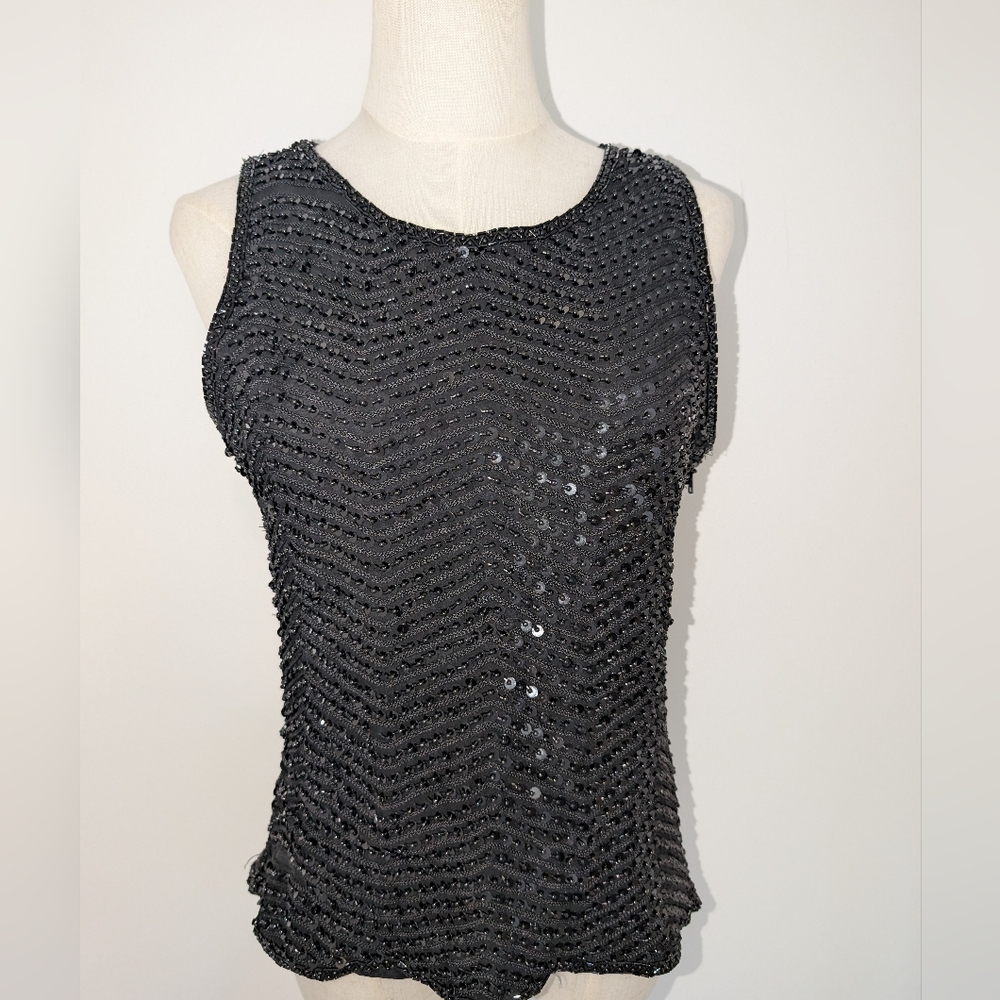 Vintage Ann Taylor  Black Silk Beaded Sleeveless Top